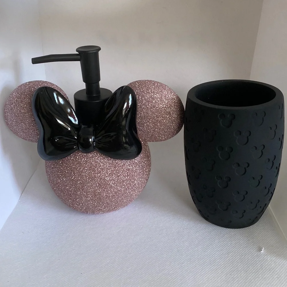 Disney Purple Glitter & Black Minnie Mouse Soap Dispenser & Toothbrush Holder